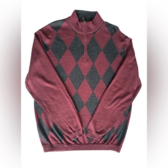 Toscano Other - Toscano Sweater Zip-Up Argyle Pullover Burgundy Turtleneck Wool Size L Unisex